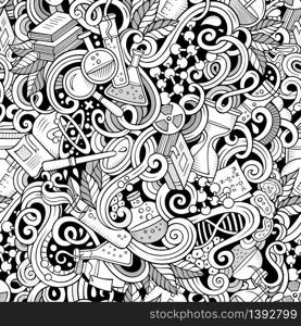 Cartoon hand-drawn science doodles seamless pattern. Line art detailed, with lots of objects vector background. Cartoon hand-drawn science doodles seamless pattern