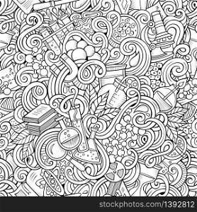 Cartoon hand-drawn science doodles seamless pattern. Line art detailed, with lots of objects vector background. Cartoon hand-drawn science doodles seamless pattern