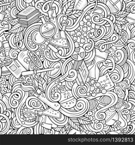 Cartoon hand-drawn science doodles seamless pattern. Line art detailed, with lots of objects vector background. Cartoon hand-drawn science doodles seamless pattern