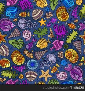 Cartoon hand-drawn sea life seamless pattern. Colorful detailed, with lots of objects funny vector background. Cartoon under water life seamless pattern