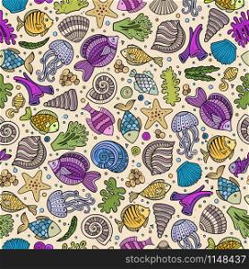 Cartoon hand-drawn sea life seamless pattern. Colorful detailed, with lots of objects funny vector background. Cartoon under water life seamless pattern