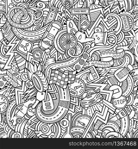 Cartoon hand-drawn sketchy doodles on the subject of car style theme seamless pattern. Vector background. Cartoon hand-drawn sketchy doodles on the subject of car style