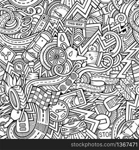 Cartoon hand-drawn sketchy doodles on the subject of car style theme seamless pattern. Vector background. Cartoon hand-drawn sketchy doodles on the subject of car style