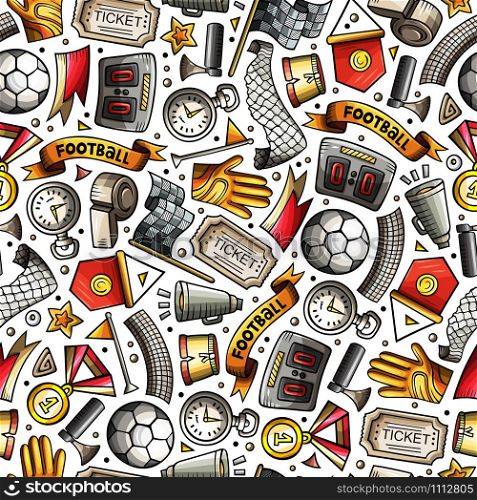 Cartoon hand-drawn Soccer seamless pattern. Lots of symbols, objects and elements. Perfect funny vector background.. Cartoon hand-drawn Soccer seamless pattern