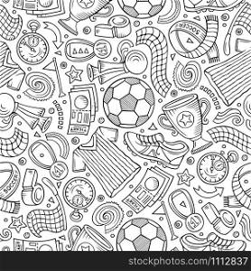 Cartoon hand-drawn Soccer seamless pattern. Lots of symbols, objects and elements. Perfect funny vector background.. Cartoon hand-drawn Soccer seamless pattern