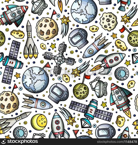 Cartoon hand-drawn space, planets seamless pattern. Lots of symbols, objects and elements. Perfect funny vector background.. Cartoon hand-drawn space, planets seamless pattern