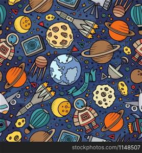 Cartoon hand-drawn space, planets seamless pattern. Lots of symbols, objects and elements. Perfect funny vector background.. Cartoon hand-drawn space, planets seamless pattern