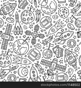 Cartoon hand drawn space seamless pattern. Lots of symbols, objects and elements. Perfect funny vector background.. Cartoon hand-drawn space, planets seamless pattern