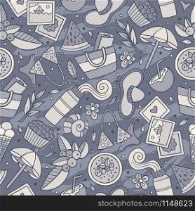 Cartoon hand-drawn summer time seamless pattern. Colorful detailed, with lots of objects funny vector background. Cartoon summer time seamless pattern