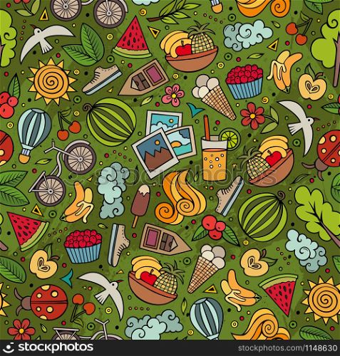 Cartoon hand-drawn summer time seamless pattern. Colorful detailed, with lots of objects funny vector background. Cartoon summer time seamless pattern