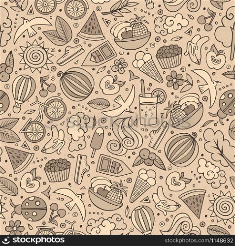 Cartoon hand-drawn summer time seamless pattern. Line art detailed, with lots of objects funny vector background. Cartoon summer time seamless pattern
