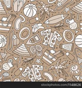 Cartoon hand-drawn summer time seamless pattern. Monochrome detailed, with lots of objects funny vector background. Cartoon summer time seamless pattern
