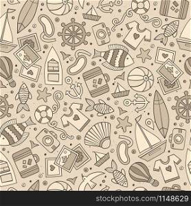 Cartoon hand-drawn summer time seamless pattern. Monochrome detailed, with lots of objects funny vector background. Cartoon summer time seamless pattern