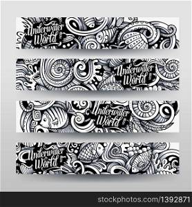 Cartoon hand drawn under water life doodles art. Trace line art detailed, with lots of objects vector 4 horizontal banners templates. . Cartoon hand drawn under water life doodles art