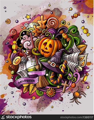 Cartoon hand drawn watercolor doodles Halloween poster design template. Very detailed, with lots of separated objects illustration. Funny vector artwork.. Cartoon hand drawn watercolor doodles Halloween poster design template