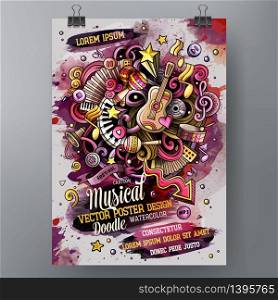 Cartoon hand drawn watercolor doodles Music poster design template. Very detailed, with lots of separated objects illustration. Funny vector artwork.. Cartoon hand drawn watercolor doodles Music poster design template.