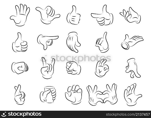 Cartoon hand gestures. Comic human character body parts with emotion expressions. Arm fingers and fist clipart sketch collection. Isolated palms in gloves pointing or gesturing. Vector limbs poses set. Cartoon hand gestures. Human character body parts with emotion expressions. Arm fingers and fist clipart sketch. Isolated palms in gloves pointing or gesturing. Vector limbs poses set