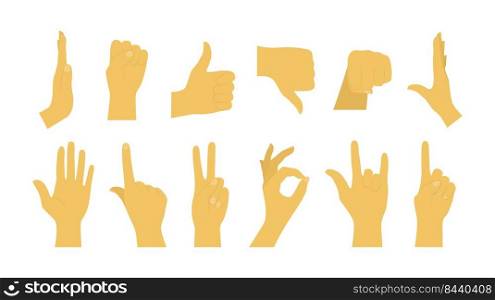 Cartoon hand gestures set. Stop sign, waving hello, fist, victory fingers, dislike, ok, pointing index finger up. Vector illustration for emoticons, communication, signals concept