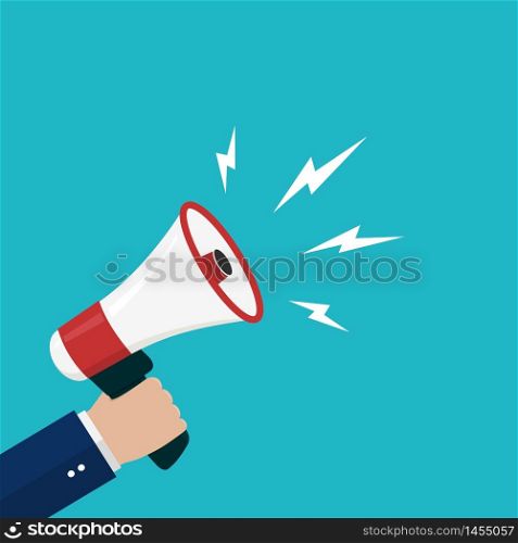 Cartoon hand holding loudspeaker, loud voice horn, megaphone.Flat banner with person shout message.Sound from megaphone for social media, promote business, public.Blue background vector illustration. Cartoon hand holding loudspeaker, loud voice horn, megaphone.Flat banner with person shout message.Sound from megaphone for social media, promote business, public.Blue background vector eps10