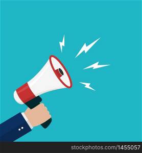 Cartoon hand holding loudspeaker, loud voice horn, megaphone.Flat banner with person shout message.Sound from megaphone for social media, promote business, public.Blue background vector illustration. Cartoon hand holding loudspeaker, loud voice horn, megaphone.Flat banner with person shout message.Sound from megaphone for social media, promote business, public.Blue background vector eps10