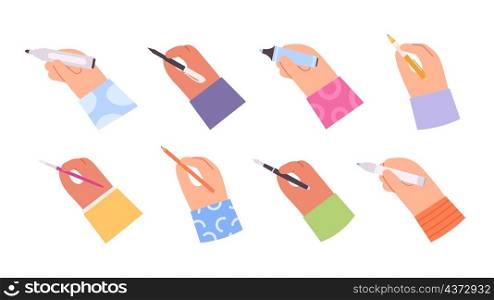 Cartoon hand holding pen, pencil, brush, marker and highlighter. People hands writing gestures with work or education stationery vector set. Illustration of hand with pen and pencil. Cartoon hand holding pen, pencil, brush, marker and highlighter. People hands writing gestures with work or education stationery vector set