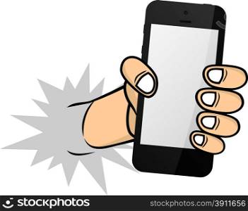 cartoon hand holding phone. cartoon hand holding phone character vector illustration
