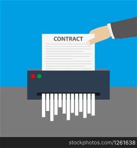 Cartoon hand inserts the contract document into the paper shredder,cartoon vector illustration
