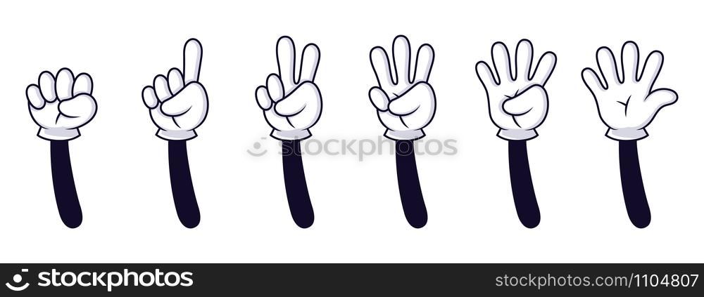 Cartoon hand numbers. Gesture counting sign, hands in white gloves count to five vector isolated illustration set. Cartoon character finger counting. Gloved hands teaching numbers. Arm gestures. Cartoon hand numbers. Gesture counting sign, hands in white gloves count to five vector isolated illustration set. Cartoon character showing fingers on white background. Funny math, dactylonomy