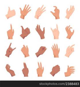 Cartoon hand poses, holding, pointing and like gesture. Diverse people hands, fists and palm positions and signs. Woman arm count vector set. Showing direction, size, numbers and approval signal. Cartoon hand poses, holding, pointing and like gesture. Diverse people hands, fists and palm positions and signs. Woman arm count vector set