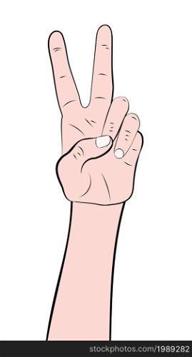 Cartoon hand with two fingers up in peace or victory sign, V letter, retro pop art style