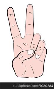 Cartoon hand with two fingers up in peace or victory sign, V letter, retro pop art style