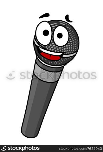 Cartoon handheld microphone with a happy smile and big googly eyes isolated on white