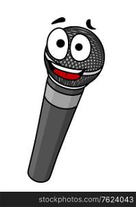 Cartoon handheld microphone with a happy smile and big googly eyes isolated on white