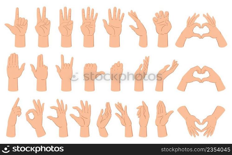 Cartoon hands gesture, hand poses, thumb up and counting gestures. Human hand gestures, count and crossed fingers vector illustration set. Hand gesture communication showing and pointing. Cartoon hands gesture, hand poses, thumb up and counting gestures. Human hand gestures, count and crossed fingers vector illustration set. Hand gesture communication
