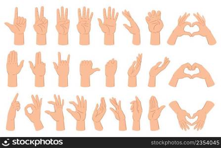 Cartoon hands gesture, hand poses, thumb up and counting gestures. Human hand gestures, count and crossed fingers vector illustration set. Hand gesture communication showing and pointing. Cartoon hands gesture, hand poses, thumb up and counting gestures. Human hand gestures, count and crossed fingers vector illustration set. Hand gesture communication