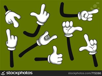 Cartoon hands. Gloved hands. Gloves arm point different finger gestures or palm gesture language comic doodle symbols. Vector gesturing isolated illustration icons set. Cartoon hands. Gloved hands. Vector isolated illustration set