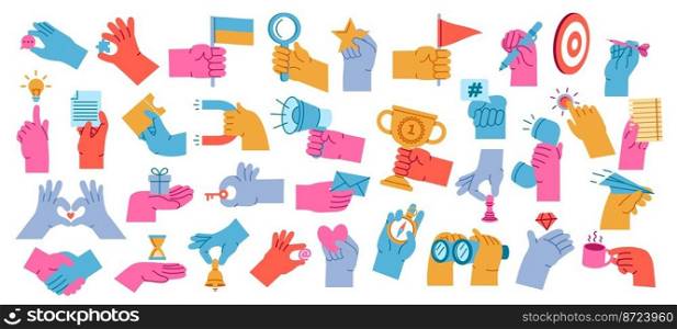 Cartoon hands holding objects. Colorful arms with flag, binocular and magnet. Hand gestures with megaphone, ticket and Idea light bulb vector set. Hands with different staff as trophy, hourglass. Cartoon hands holding objects. Colorful arms with flag, binocular and magnet. Hand gestures with megaphone, ticket and Idea light bulb vector set
