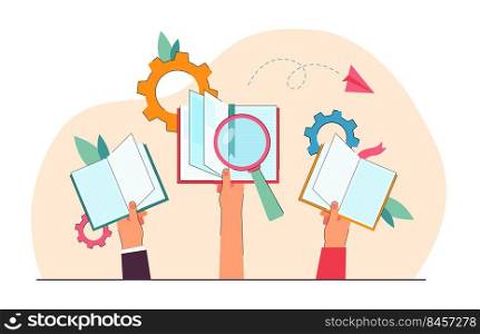 Cartoon hands holding open books. Flat vector illustration. Magnifier, colorful gears, pages of books, top view. Library, learning, education, studying concept for banner design or landing page
