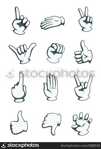 Cartoon hands in different positions. Vector body part illustrations isolate on white. Cartoon human palm, hand with thumb up. Cartoon hands in different positions. Vector body part illustrations isolate on white