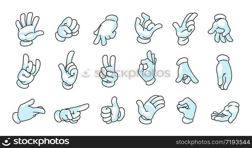 Cartoon hands in gloves. Doodle comic mascot arms, human character palms and fingers in white gloves showing gestures. Vector illustration doodle cartoons motion hands collection. Cartoon hands in gloves. Doodle comic mascot arms, human character palms and fingers in white gloves showing gestures. Vector motion hands collection
