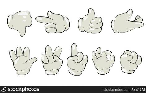Cartoon hands in gloves flat icon set. Human character palms and fingers in white gloves showing gestures isolated vector illustration collection. Gesturing and motion concept