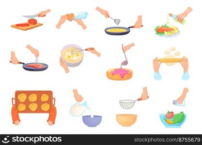 Cartoon hands prepare food. Hand cook, spatula for cooking process, sprinkle chopping salt in salad bowl cut knife, ladle jam prepare dough baking accessories, vector illustration. Cooking at kitchen. Cartoon hands prepare food. Hand cook, spatula for cooking process, sprinkle chopping salt in salad bowl cut knife, ladle jam prepare dough baking accessories, vector illustration