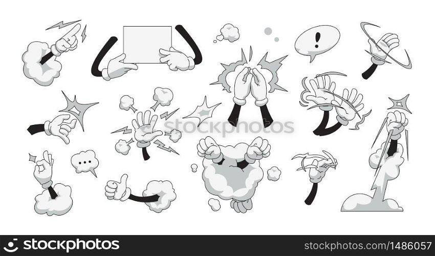 Cartoon hands. White gloves with comic action effects as claps, finger click, showing strength and hand wave. Vector illustration set of doodle sketch cartoons arms. Cartoon hands. White gloves with comic action effects as claps, finger click, showing strength and hand wave. Vector set of doodle arms