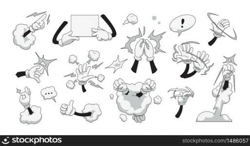 Cartoon hands. White gloves with comic action effects as claps, finger click, showing strength and hand wave. Vector illustration set of doodle sketch cartoons arms. Cartoon hands. White gloves with comic action effects as claps, finger click, showing strength and hand wave. Vector set of doodle arms