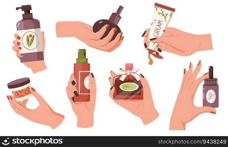 Cartoon hands with cosmetics. Woman hands with perfume and cosmetic bottles, woman care products flat style. Vector isolated set of perfume and cosmetic illustration. Cartoon hands with cosmetics. Woman hands with perfume and cosmetic bottles, woman care products flat style. Vector isolated set
