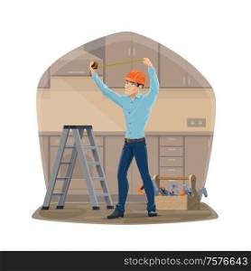 Cartoon handyman or carpenter in hard hat with work tools. Toolbox with hammer, screwdriver and wrench, spanner, saw, tape measure. House repair service, construction industry. Carpenter or handyman, repair work tools