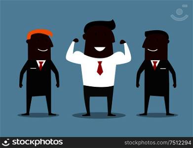 Cartoon happy african american businessman shows his strength under protection of bodyguards. Cartoon happy businessman with bodyguards