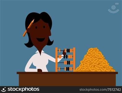 Cartoon happy african american businesswoman using retro wooden abacus to count golden dollar coins on table, for wealth or financial success theme design. Happy businesswoman count money with abacus