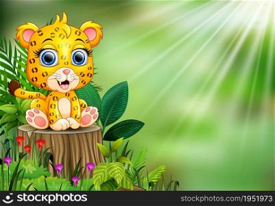Cartoon happy baby leopard standing on tree stump with green plants