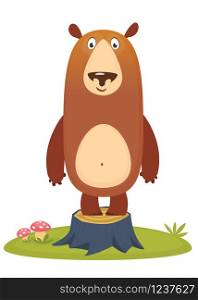 Cartoon happy bear waving hand stand on a tree stump. Vector illustration isolated